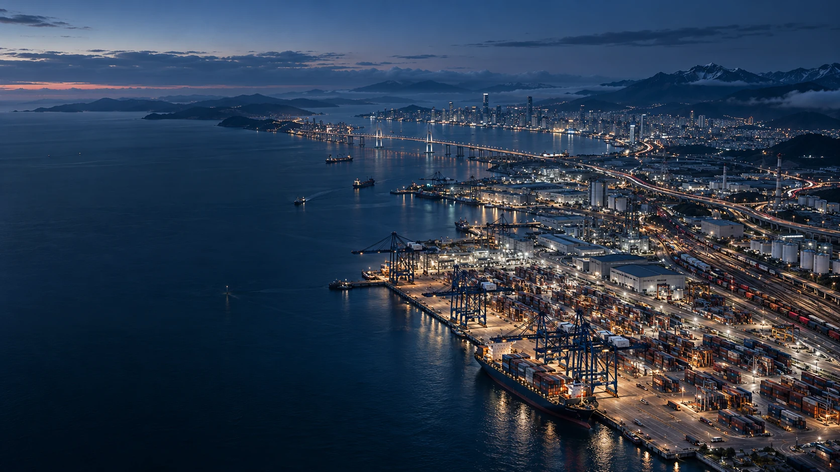 Coastal city, port and industrial facilities connected by road and rail at blue hour.